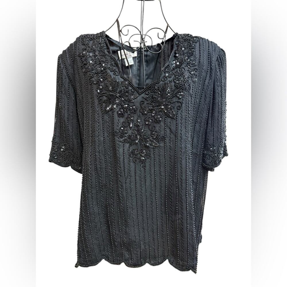 Vintage Laurence Kazar Black Silk Beaded V-Neck Evening Blouse size 3X